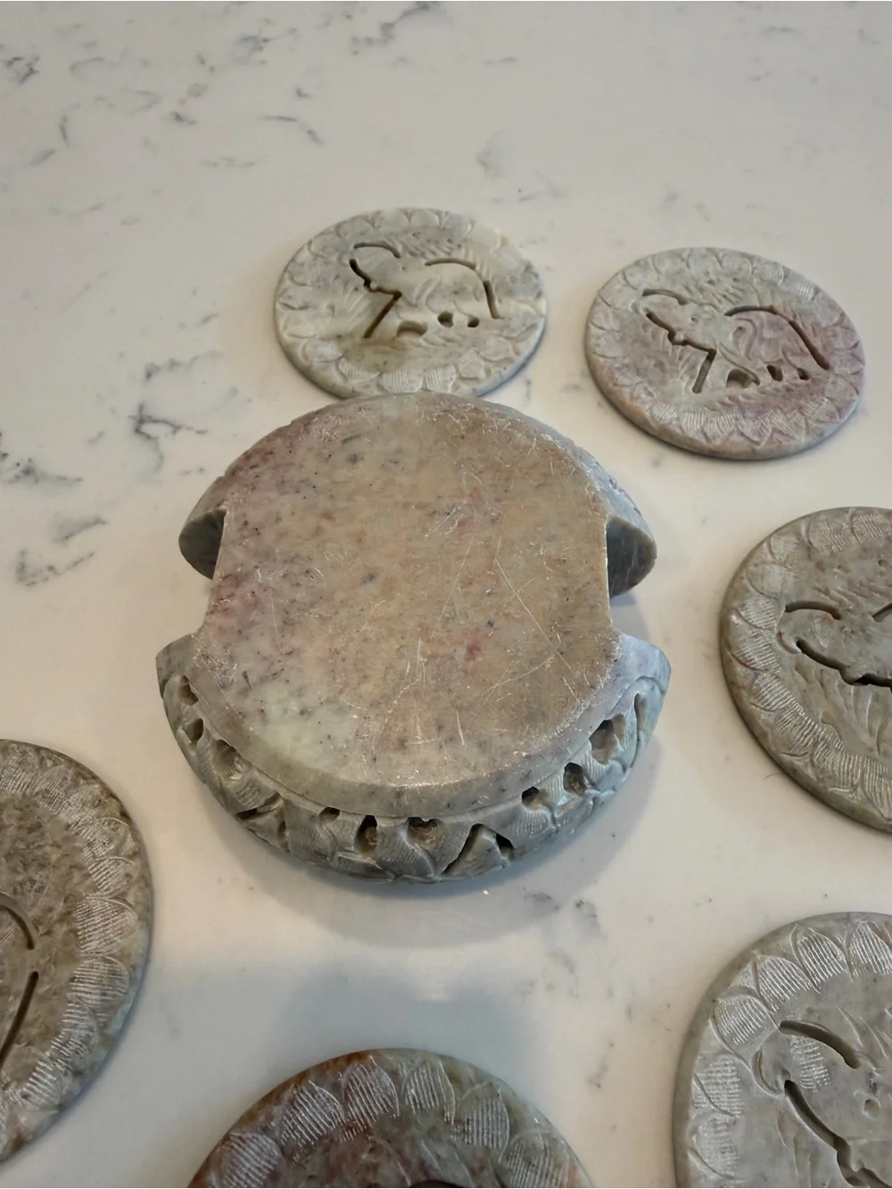 Hand-Carved 6 Soapstone Elephant Coaster Set with Holder Safari Wildlife Decor